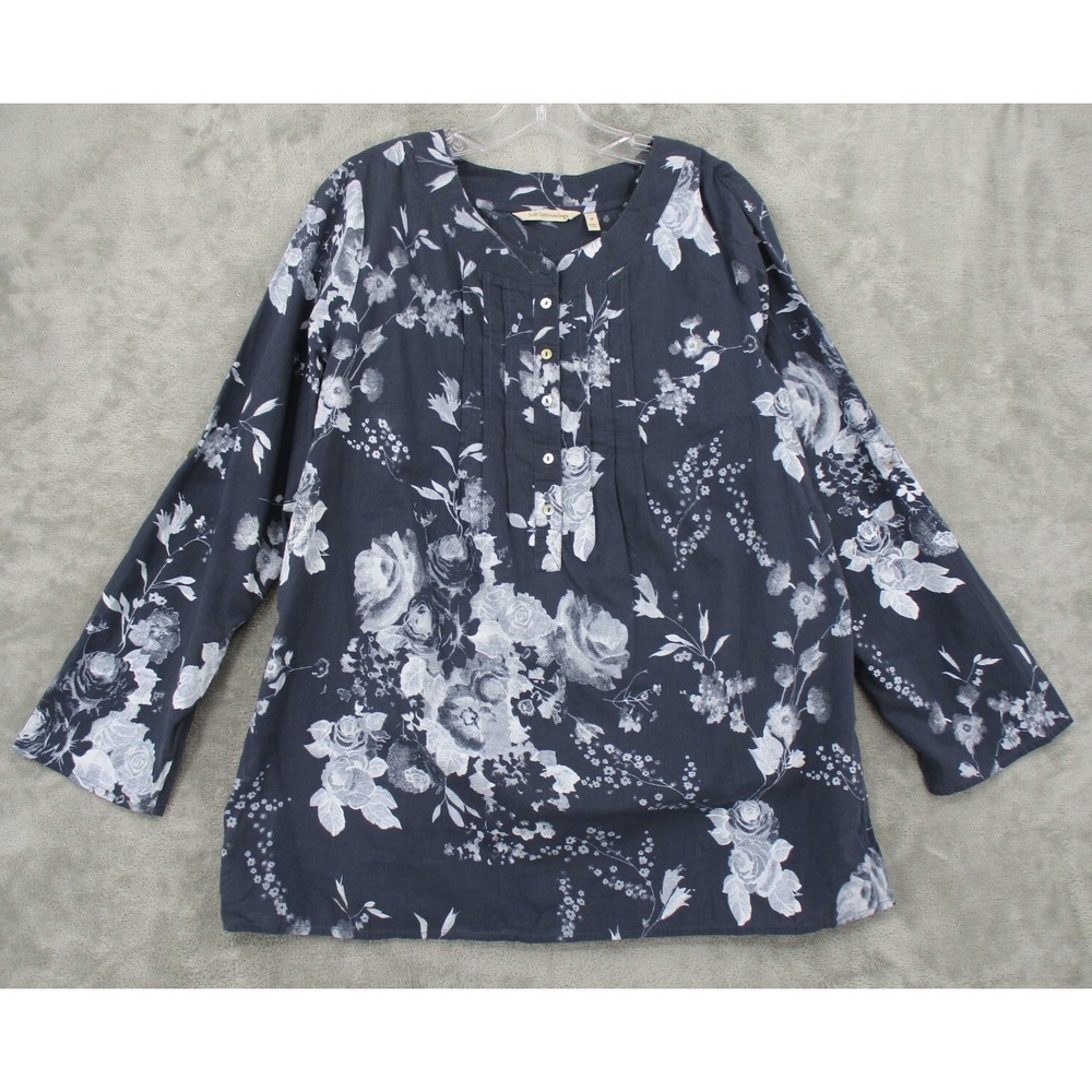 Soft Surroundings Top Womens Size M Floral Pintuck Henly Popover Tunic Boho Navy